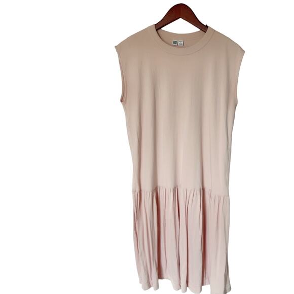 Uniqlo Blush Pink Shift Dress Size Small Bottom pleats Sweatshirt Style Layering - Picture 4 of 9